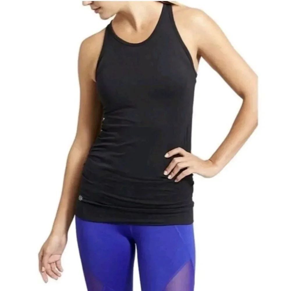 athleta solid black Nylon Finish Fast ruched Round Neck racerback tank top Xs